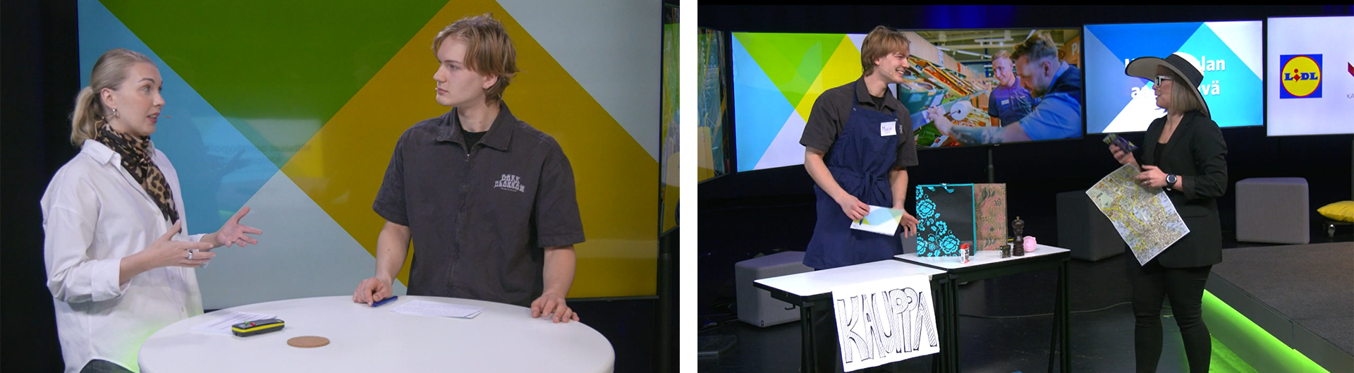 Moona ja Eemeli haastattelussa. Jaana ja Eemeli näytelmässä.